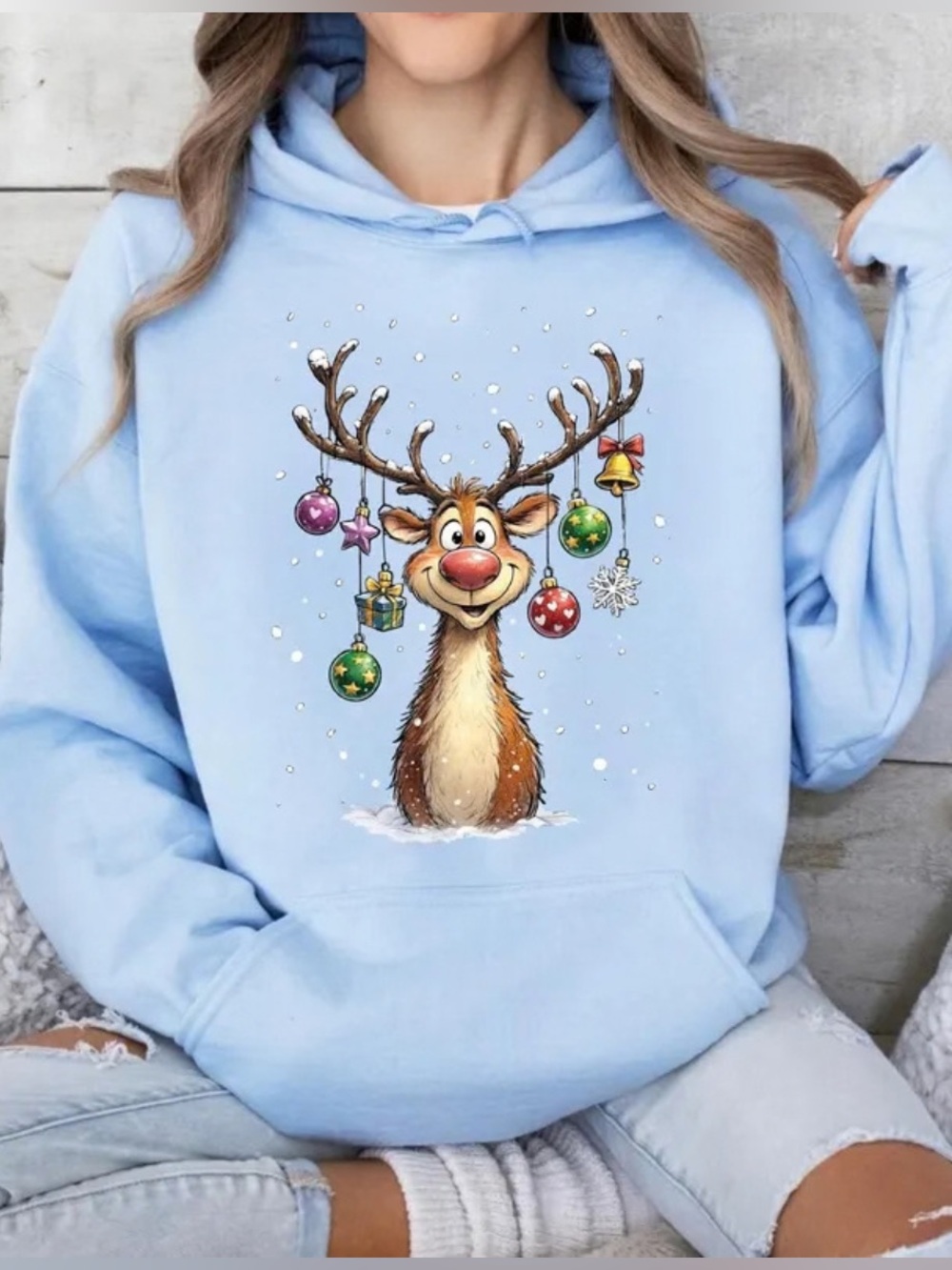 Light Blue Reindeer Graphic Hoodie - Women's Holiday Sweatshirt, Gift Christmas
